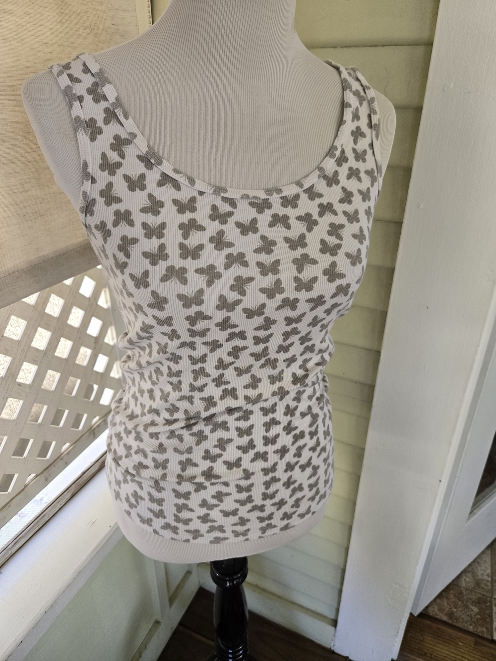 Y2k White Ribbed Tank with Gray Butterfly Print